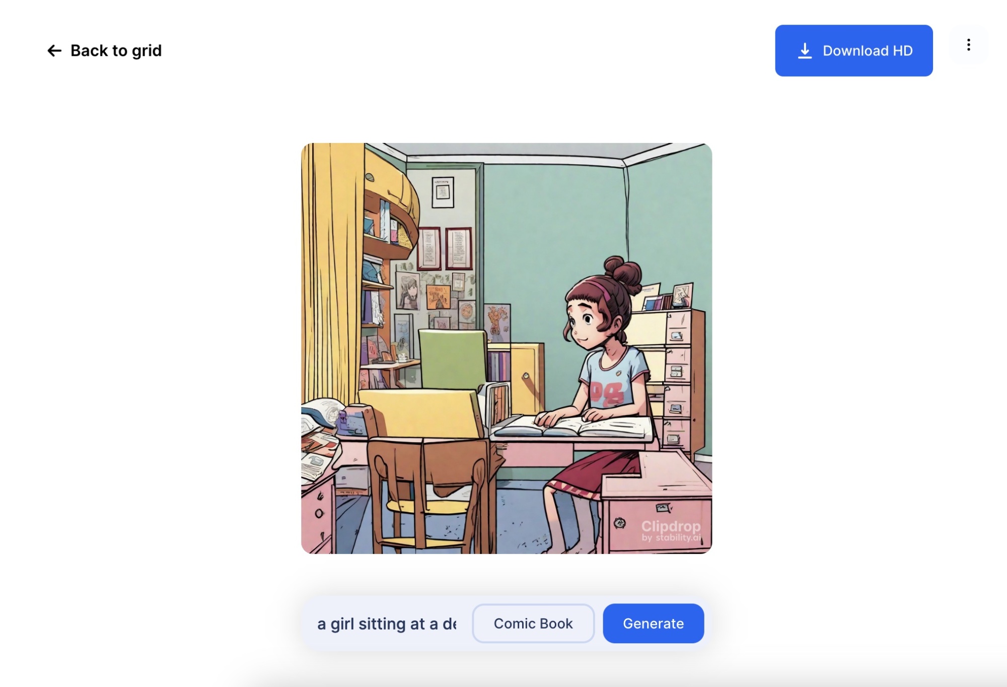 Un exemple d'utilisation de Stable AI, avec une image d'une fille assise à un bureau au milieu.