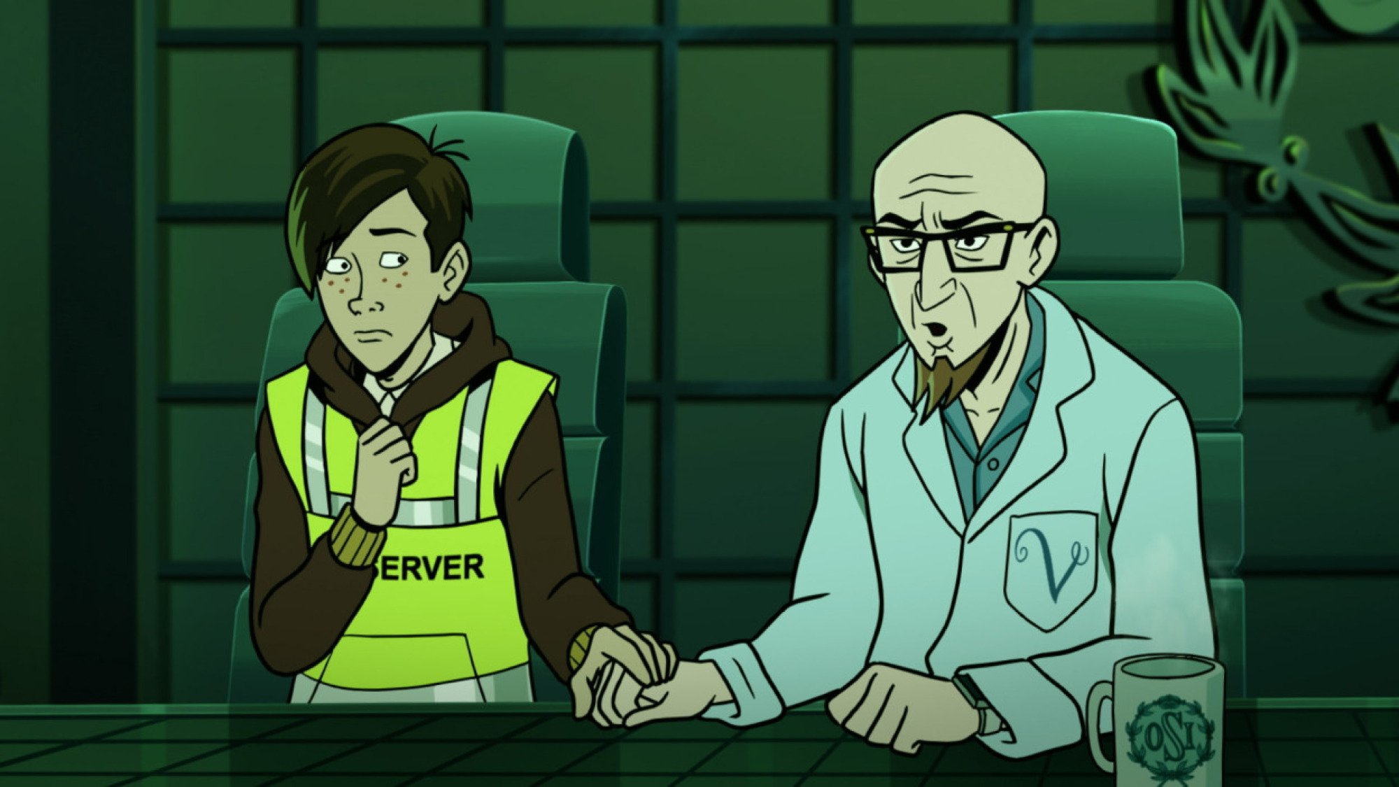 Un dessin animé d'un vieux scientifique et d'un adolescent assis dans un laboratoire. 
