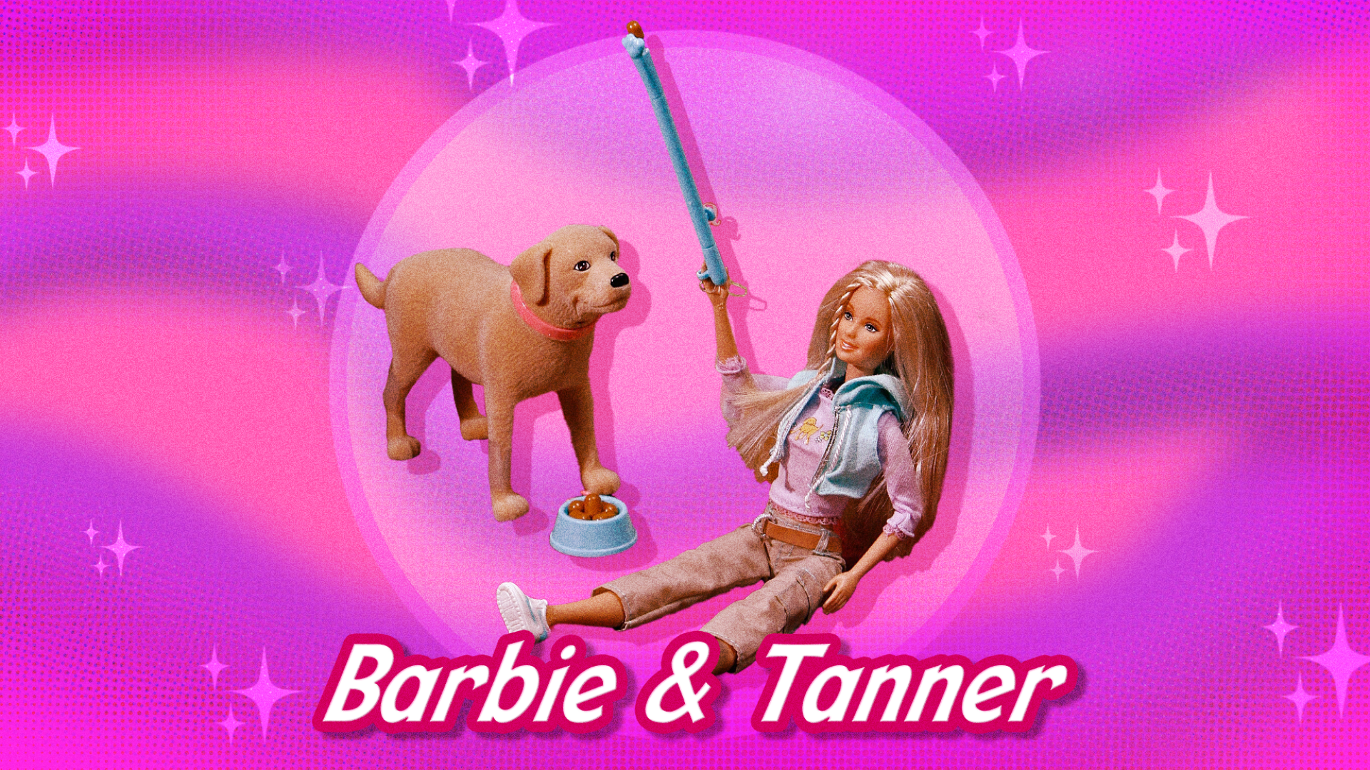 Un fond rose avec une poupée Barbie et un chien en peluche au milieu. 