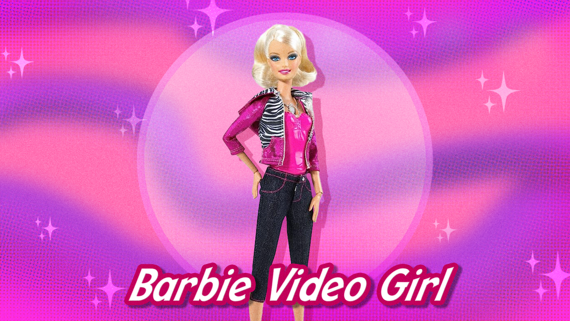 Un fond rose avec une poupée Barbie au milieu. 