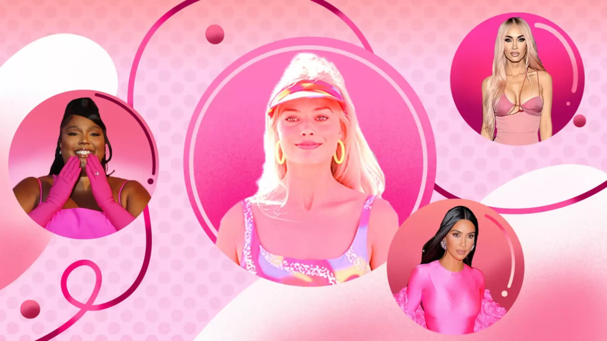 Un composite de femmes - dont Barbie - portant du rose vif
