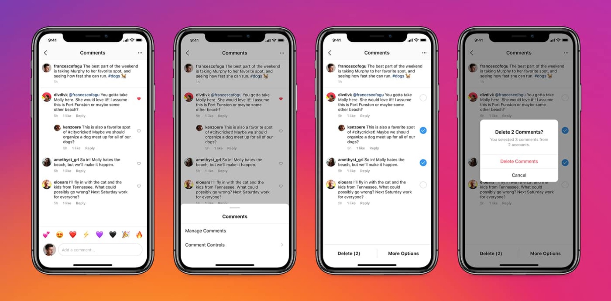 Quatre téléphones montrant la gestion des commentaires Instagram.