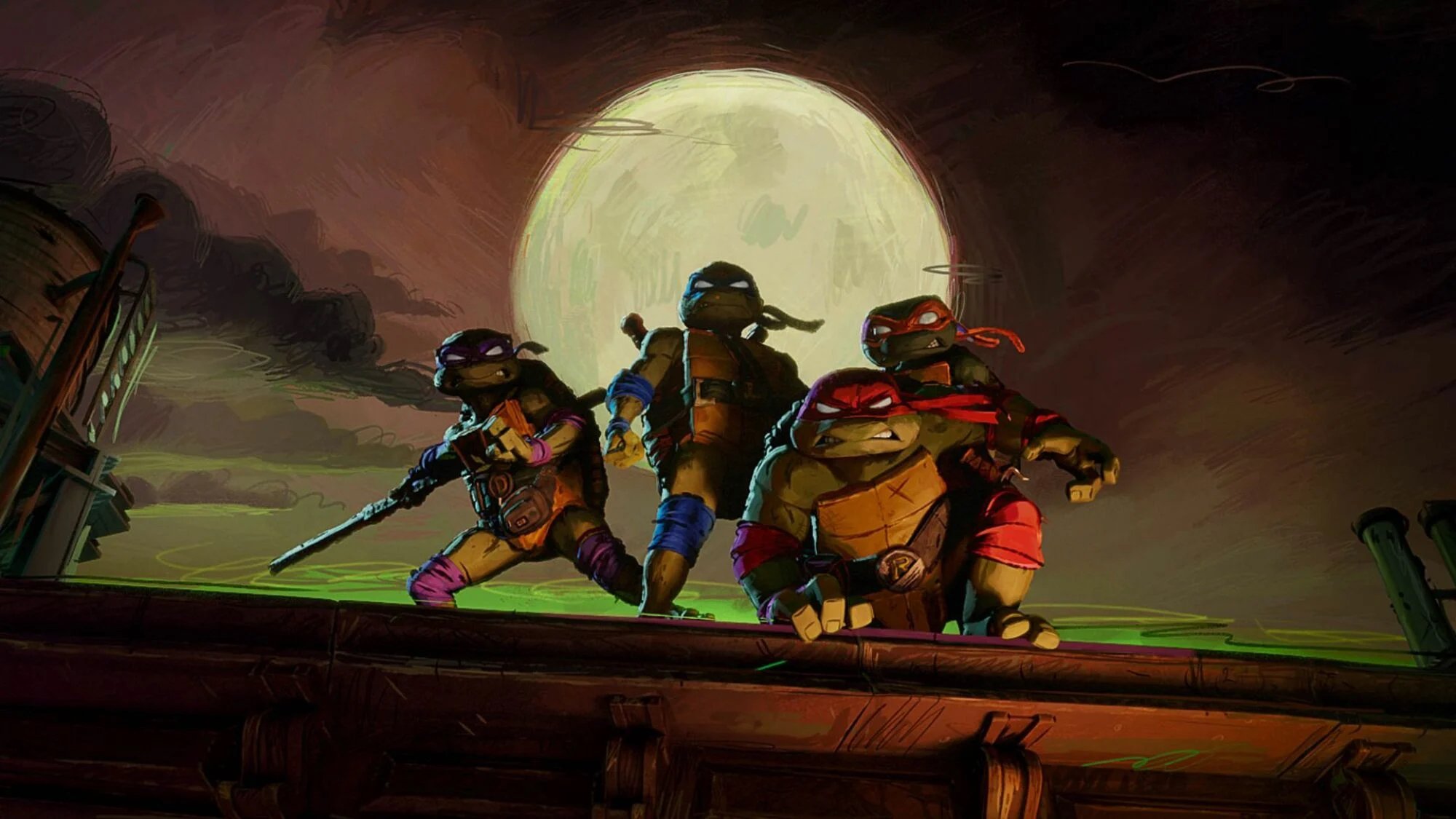 Un dessin animé de quatre tortues ninja debout sur un toit. 