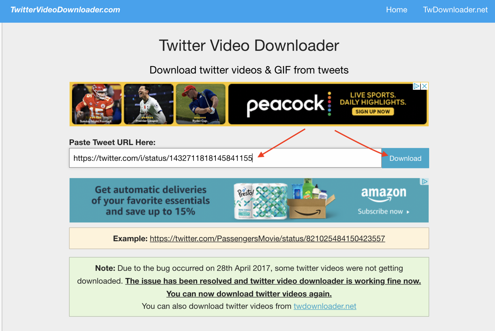 Capture d'écran de Twittervideodownloader.com.