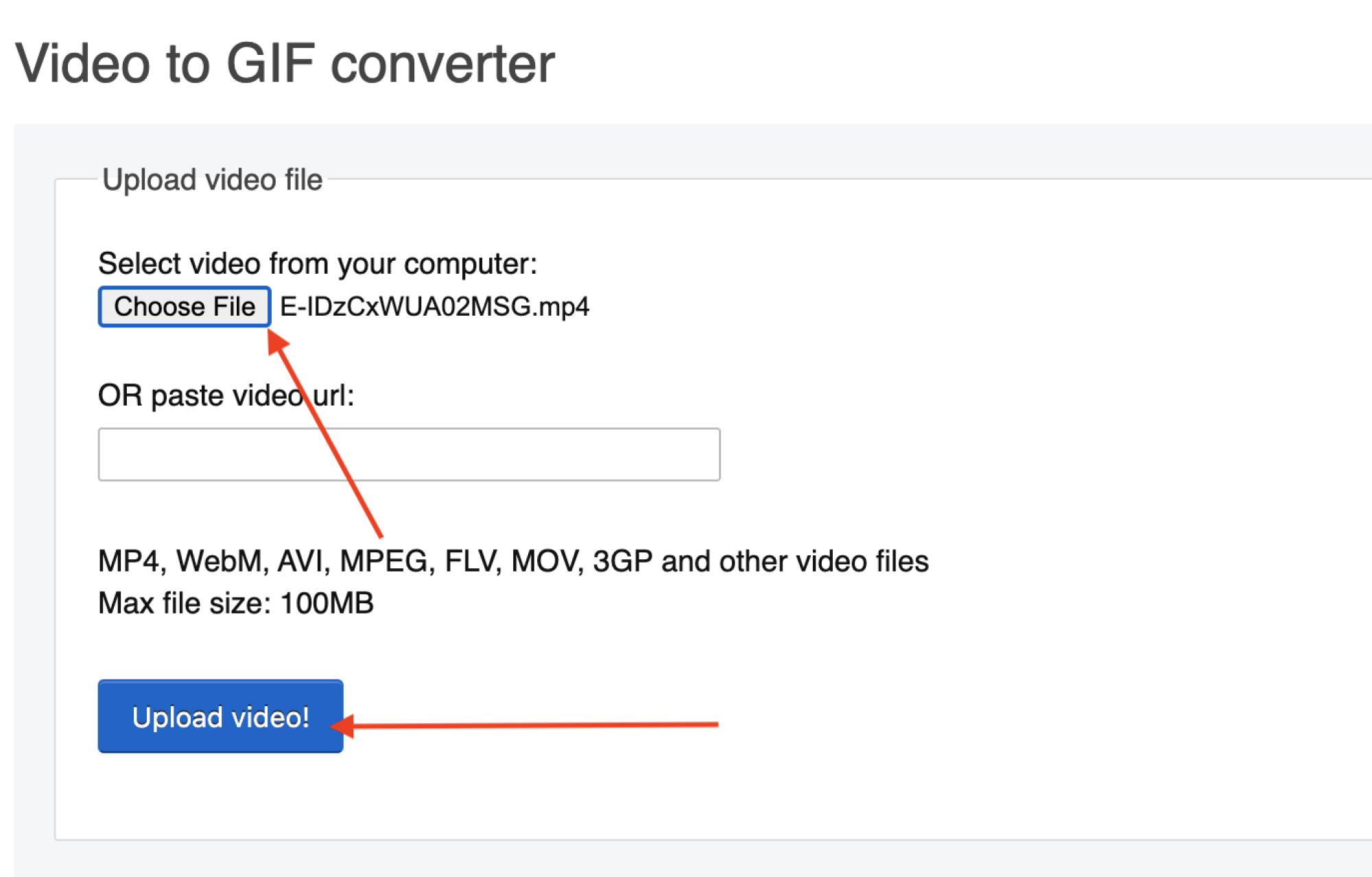 Capture d'écran du convertisseur vidéo en GIF d'EZ GIF avec le "Choisir le fichier" et "Télécharger une video!" boutons en surbrillance. 
