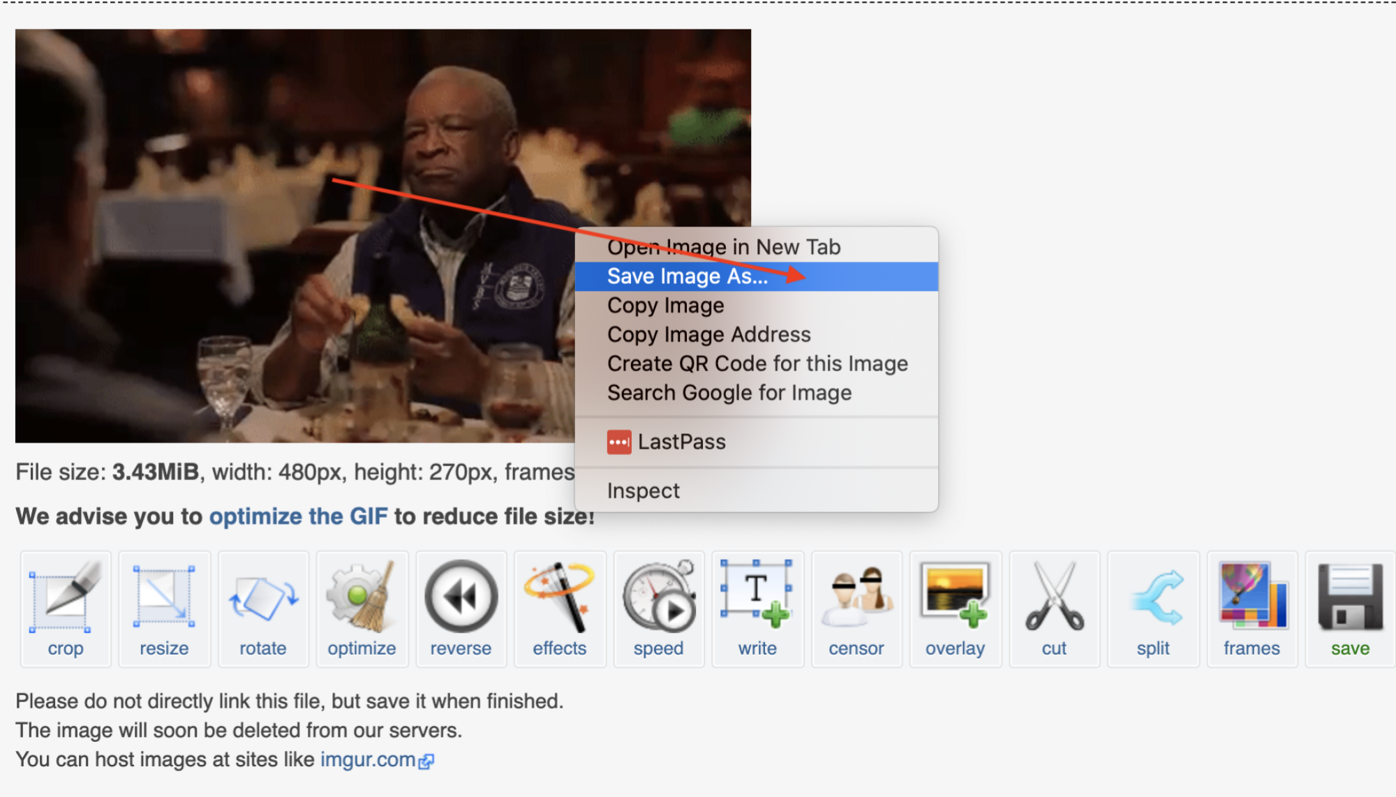 Capture d'écran du convertisseur vidéo en GIF d'EZ GIF avec le "Enregistrer l'image sous ..." bouton en surbrillance. 