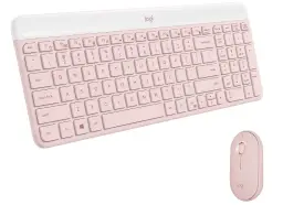 clavier sans fil rose pastel et avec souris (en bas à droite)