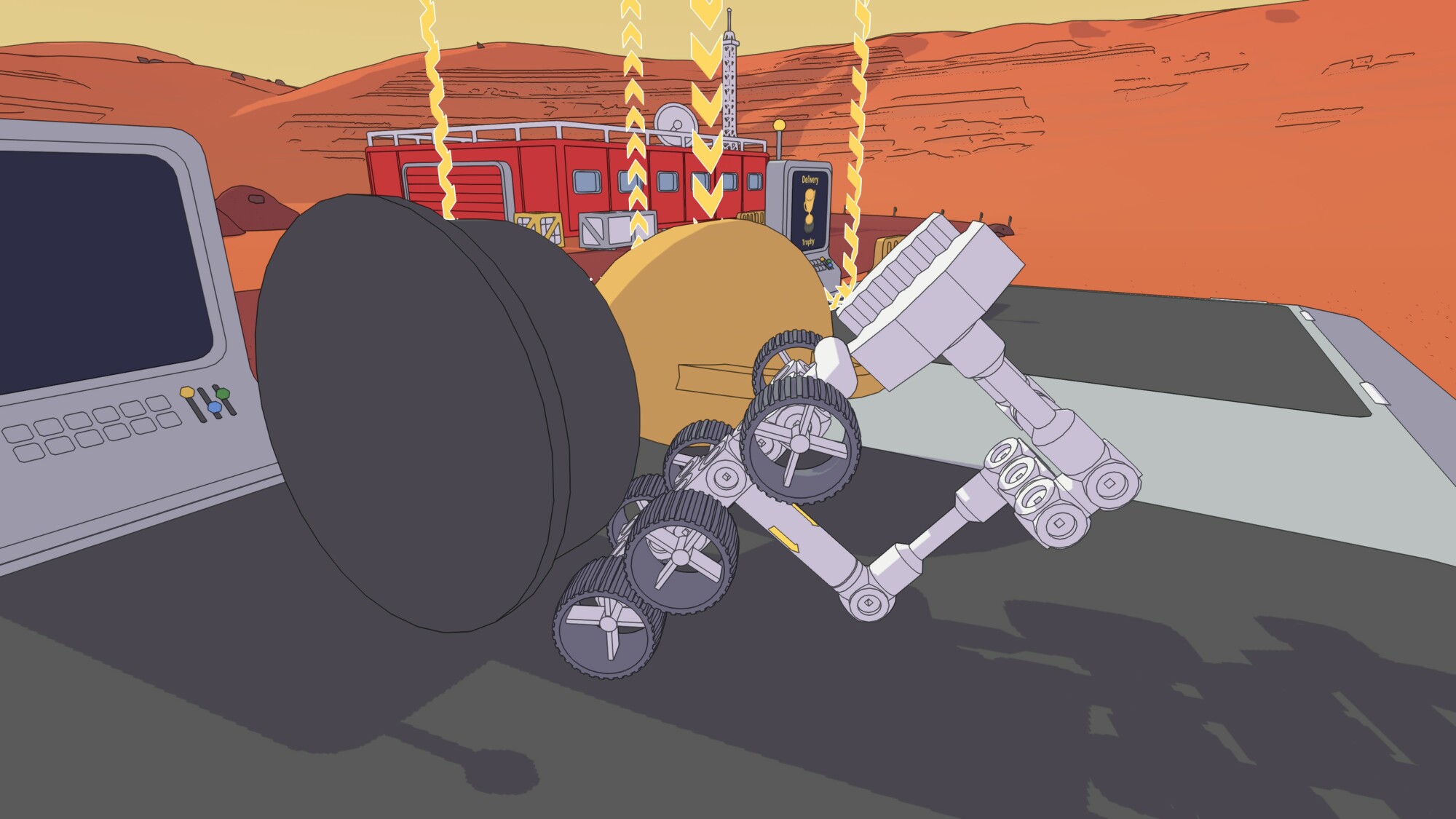 Une capture d'écran de Mars First Logistics.  Dans celui-ci, un buggy tente en vain de déplacer un trophée géant dans un rectangle doré signifiant le point de livraison.