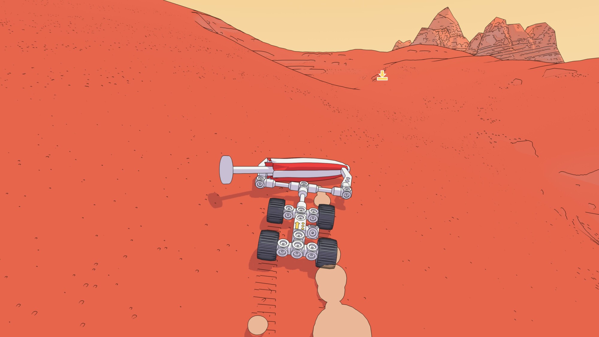 Une capture d'écran de Mars First Logistics.  Dans celui-ci, un buggy pousse un parapluie fermé sur Mars.