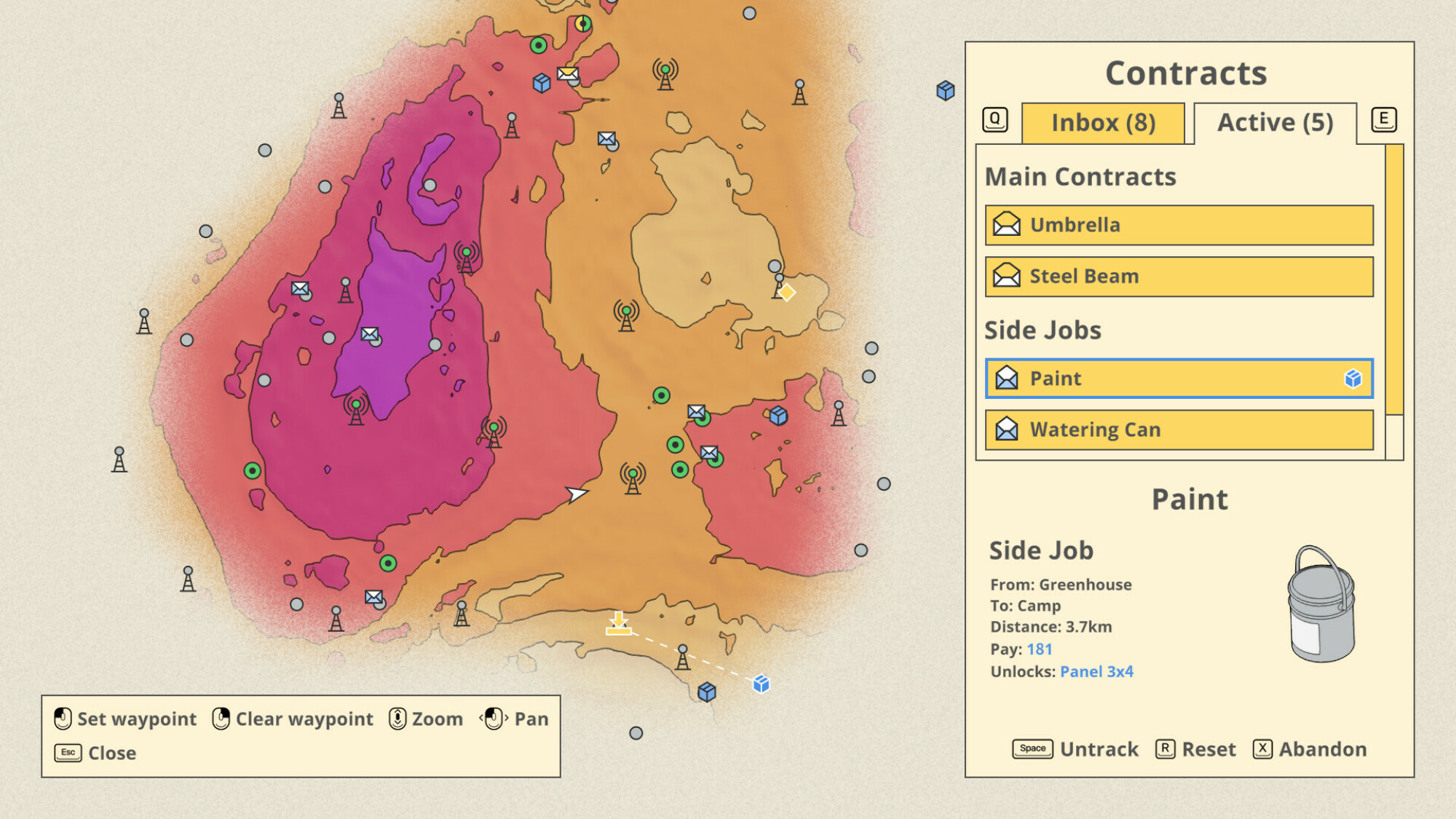 Une capture d'écran de Mars First Logistics.  Il montre une carte du terrain du jeu, à côté d'une liste de tâches.
