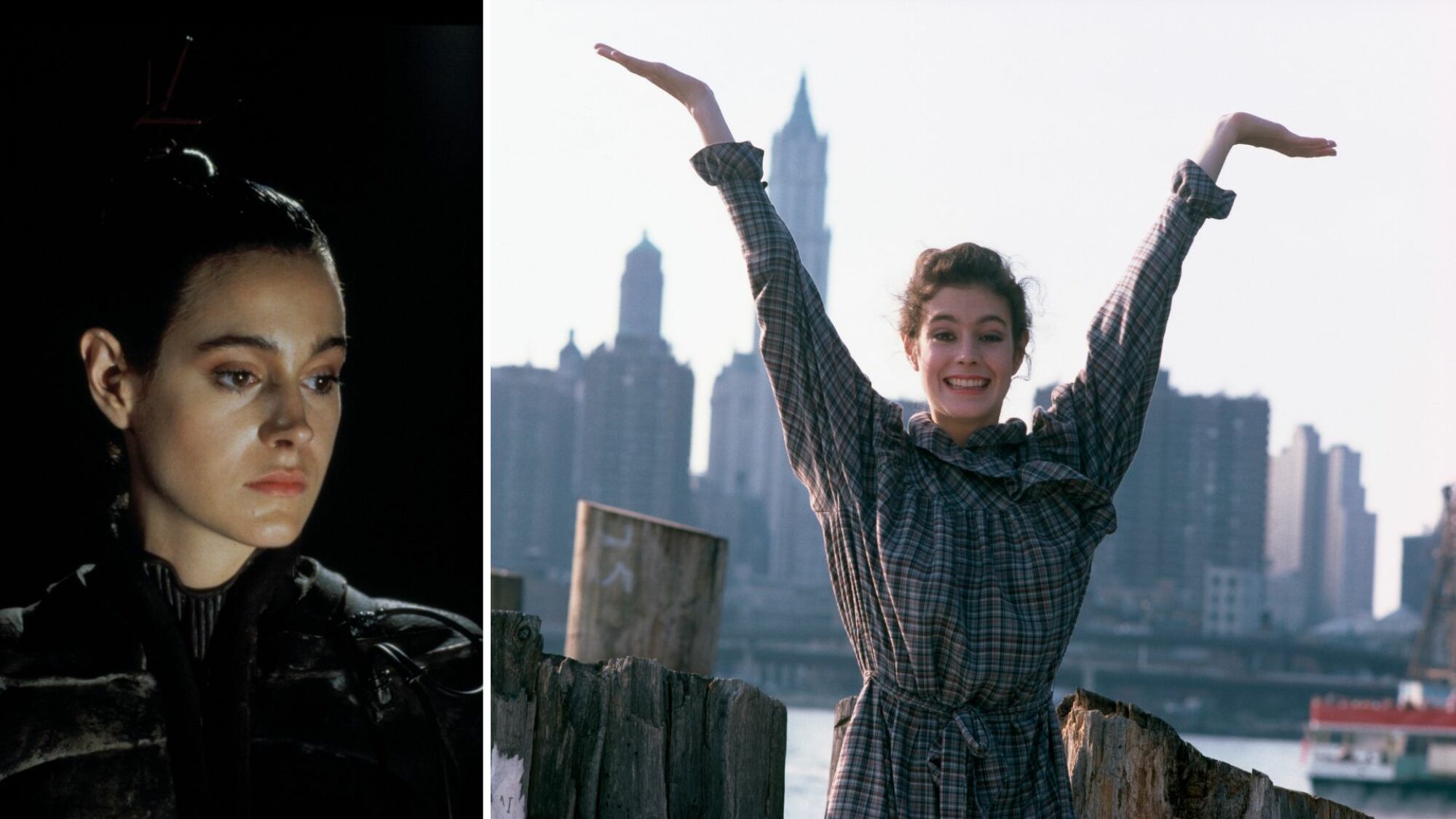 Composite : Sean Young dans le rôle de Chani dans "Dune" et Sean Young souriant devant les toits de New York.