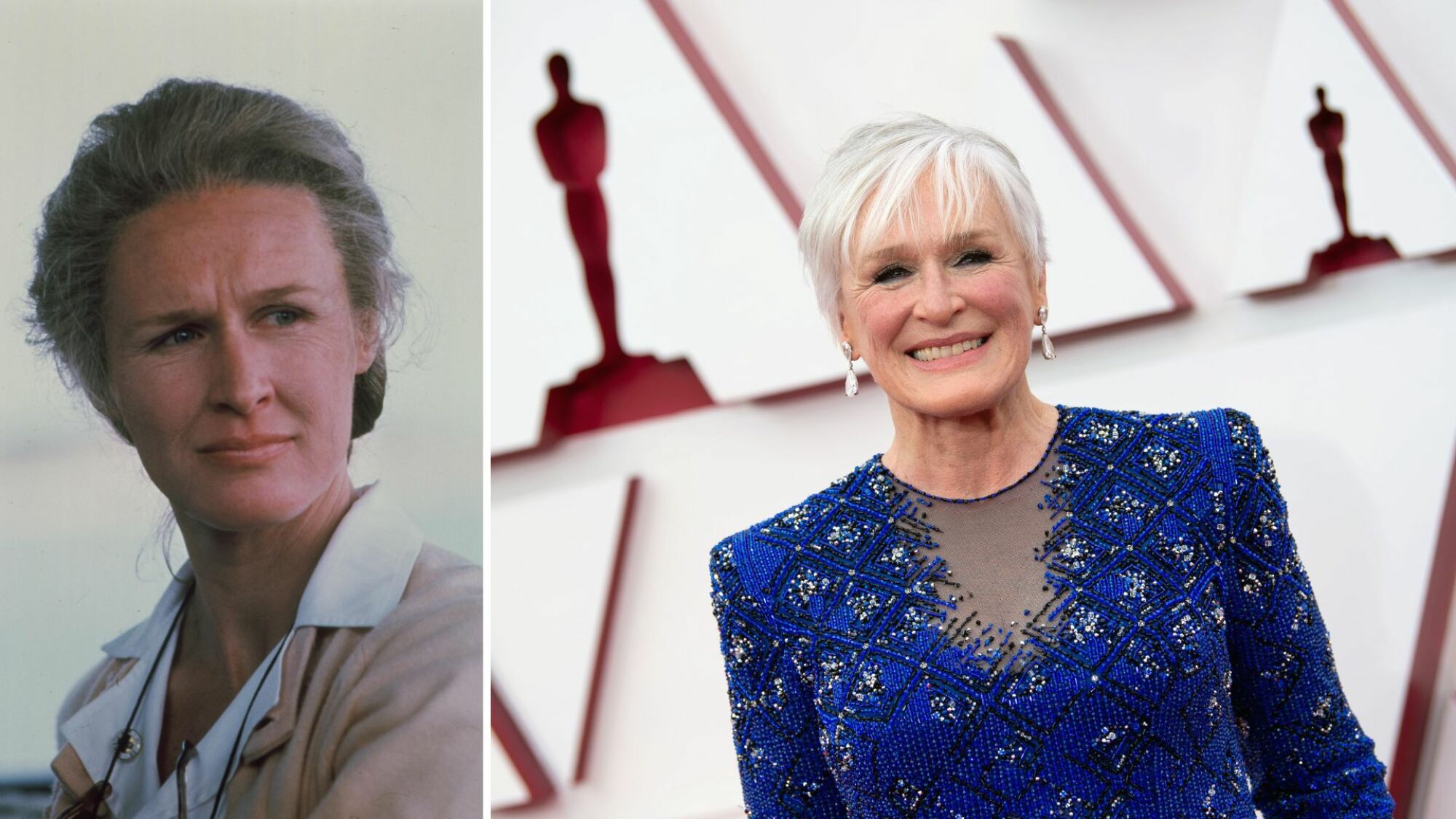 Composite : Glenn Close dans "Le monde selon Garp" et Glenn Close dans une robe bleu foncé scintillante sur le tapis rouge des Oscars.