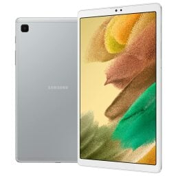 Samsung Galaxy Tab A7 Lite avec un dos gris, sur fond blanc