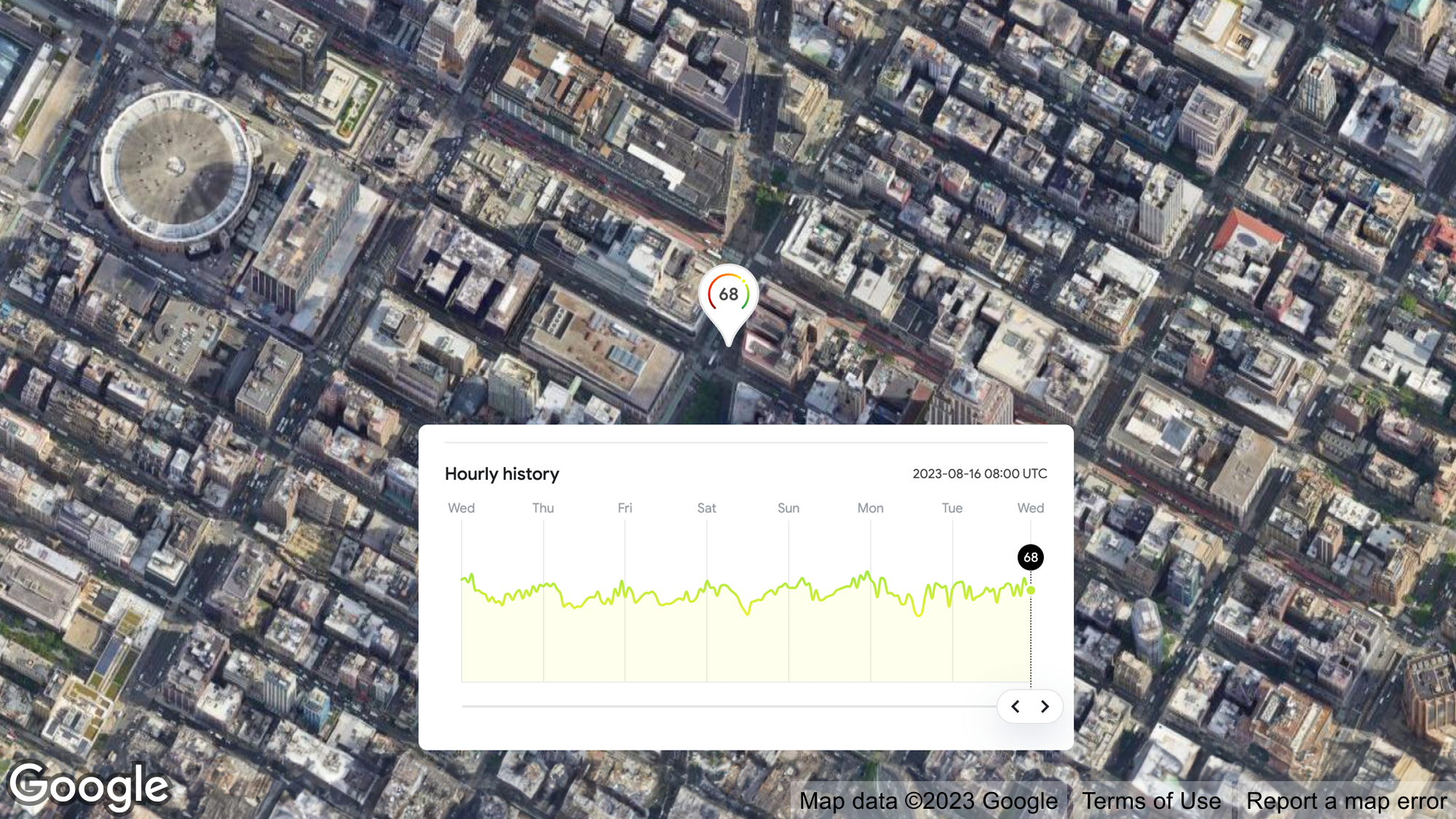 Image satellite d'un quartier surmontée d'un graphique horaire de l'indice de qualité de l'air.  