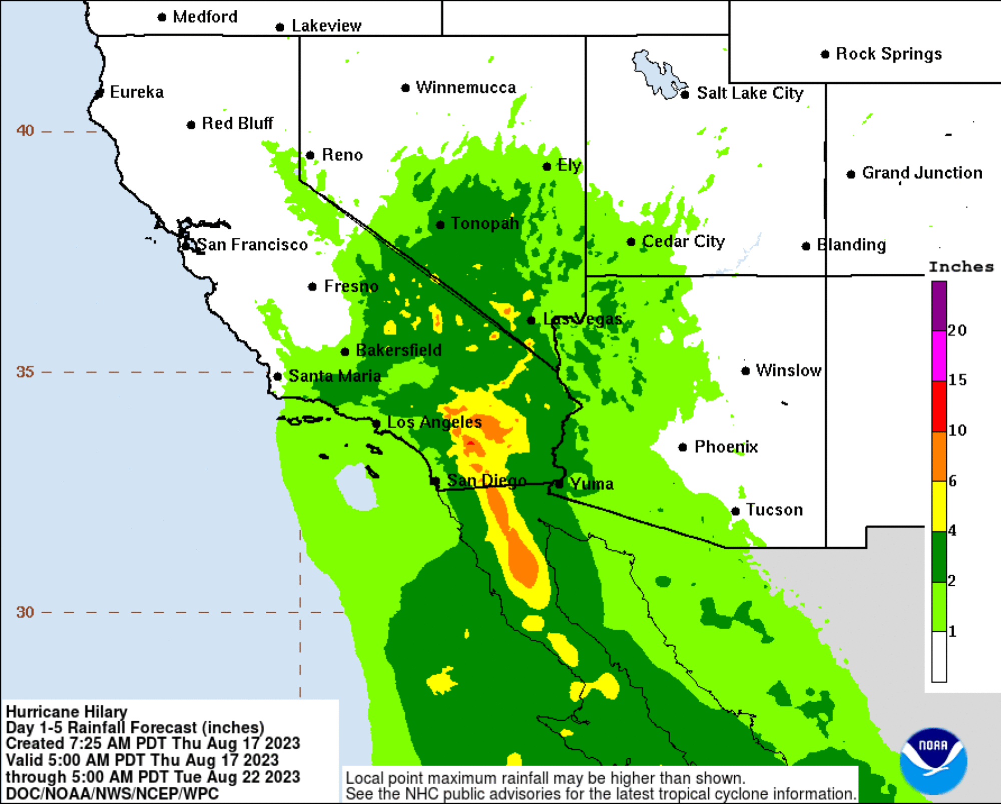 Estimations de la tempête tropicale d'Hilary au 17 août.