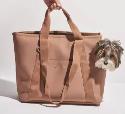 Le sac de transport Wild One dans la couleur saisonnière Cacao, avec un chien à l'intérieur soutenu par un humain.