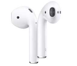 AirPods blancs sur fond blanc, vue de profil gauche, vue de face droite