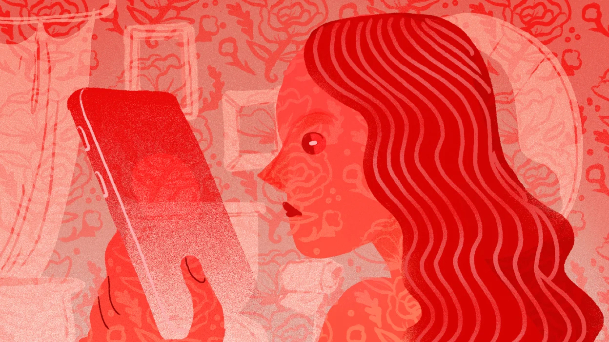Illustration d’une femme regardant un smartphone, le tout dans des tons de rouge.
