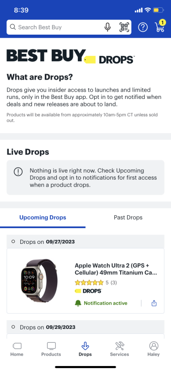 une capture d'écran de la page Best Buy Drops sur l'application mobile Best Buy