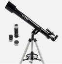 Le télescope Celestron PowerSeeker 60AZ présenté sur son trépied et avec ses composants