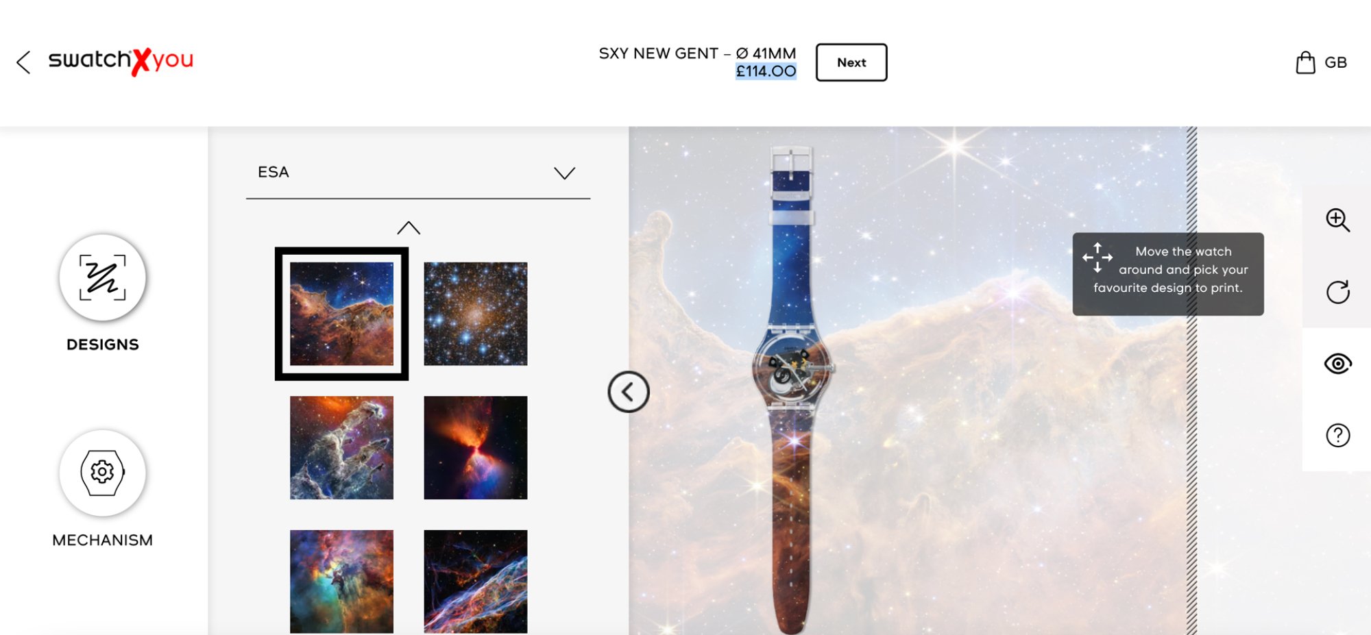 Une capture d'écran du site Web Swatch et où vous pouvez personnaliser une montre Swatch avec des images du télescope Webb.
