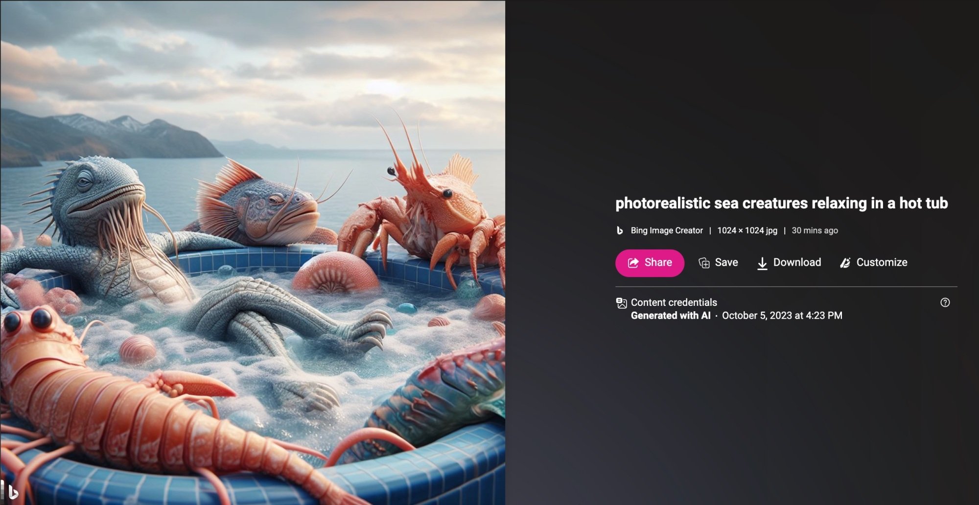 Bing Image Creator Image générée par l'IA de créatures marines se relaxant dans un bain à remous