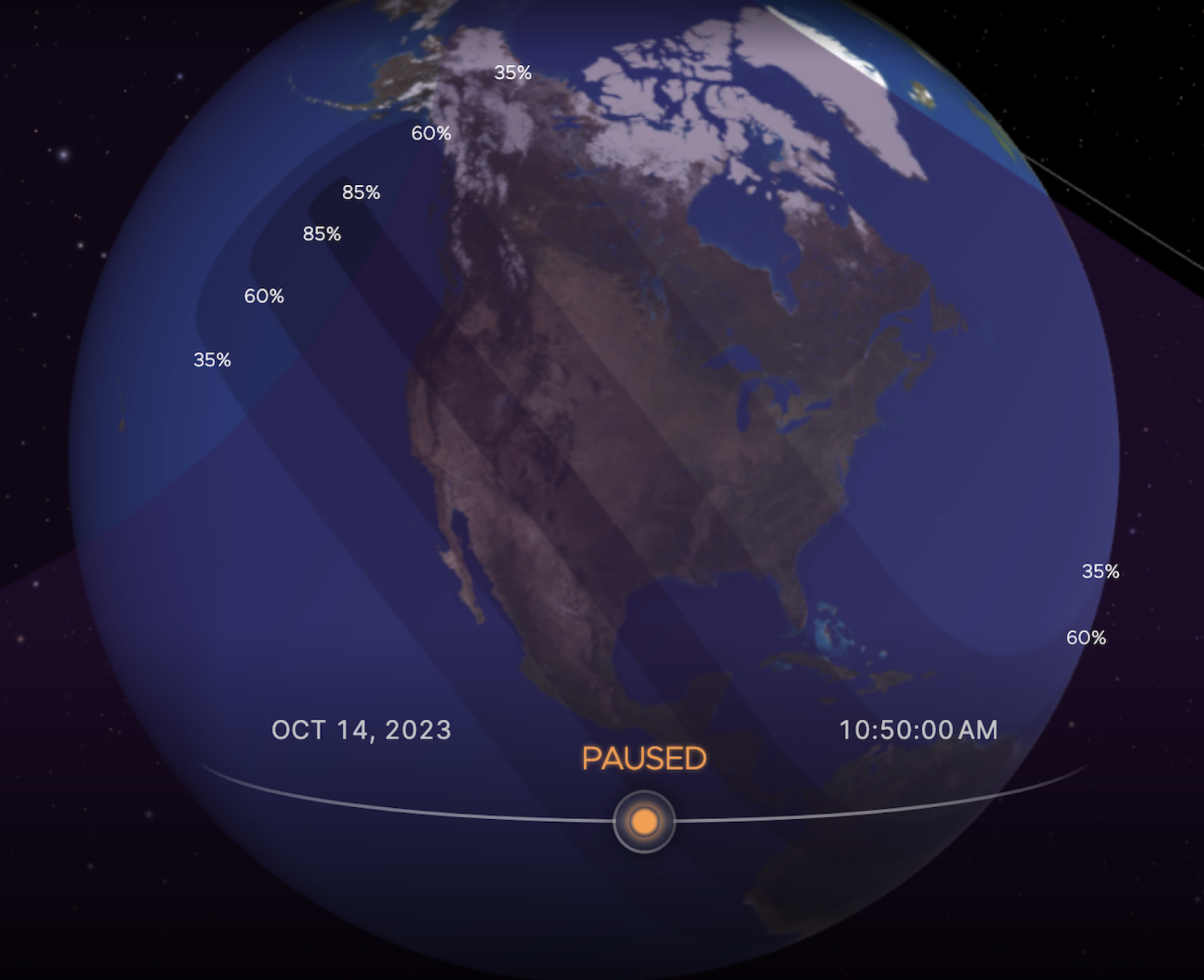 Une carte montrant la quantité de soleil qui sera éclipsée à 10 h 50 HE le 14 octobre 2023.