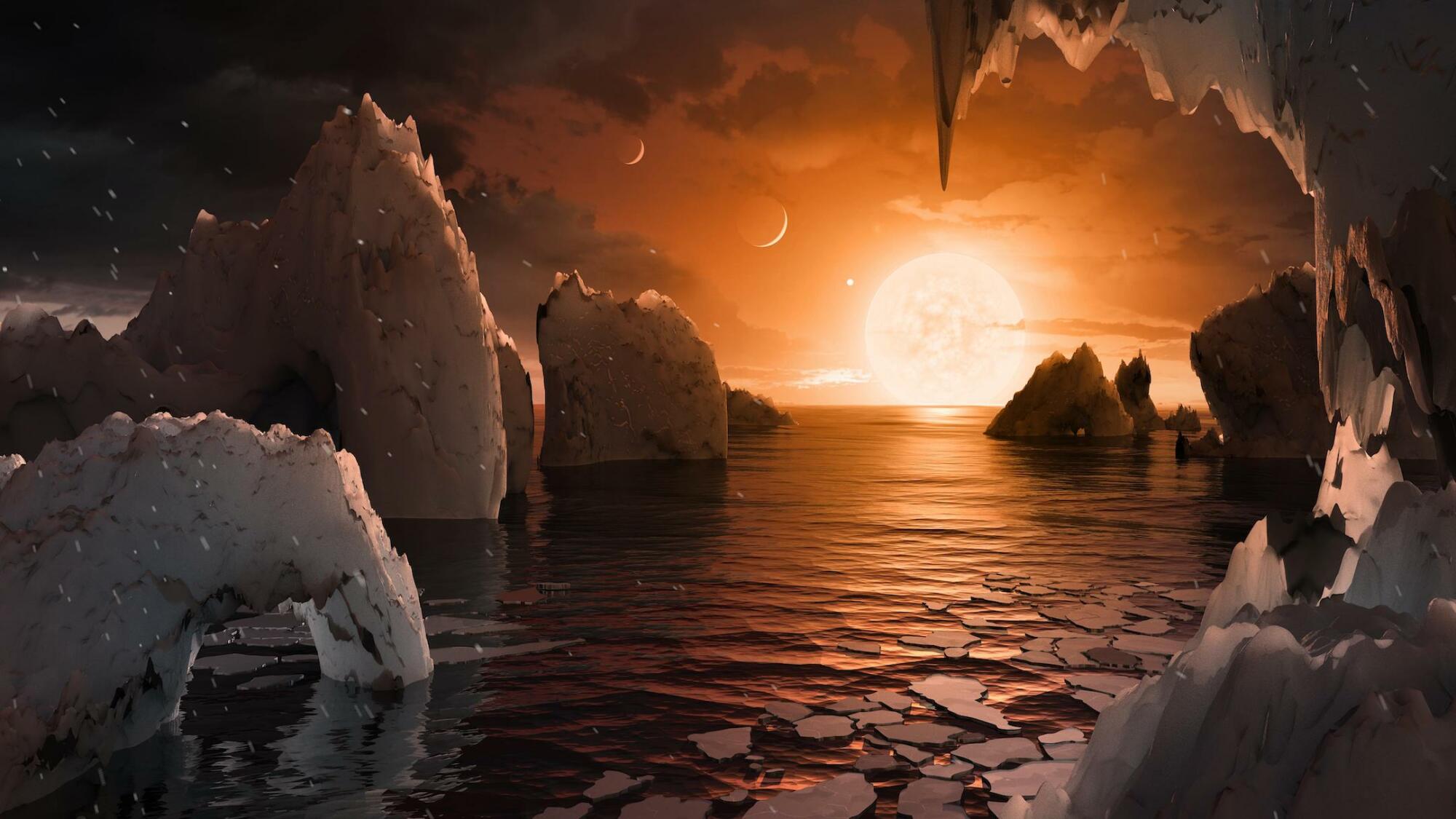 Une illustration de ce à quoi pourrait potentiellement ressembler la surface de l’exoplanète TRAPPIST-1f.