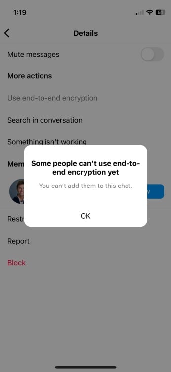 Écran Instagram affichant une fenêtre indiquant que le cryptage de bout en bout n'est pas encore disponible dans le chat AI