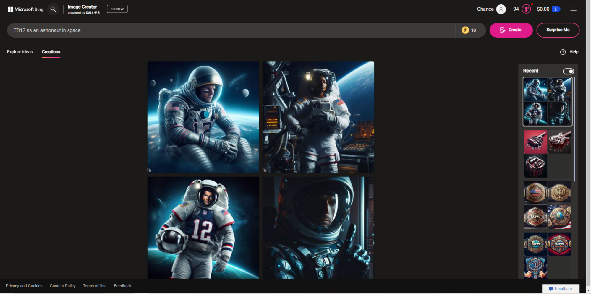 Créateur d'image Bing de Tom Brady en costume d'astronaute