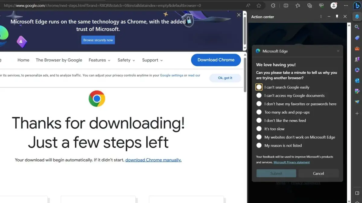 Utilisateurs de Google Chrome : Microsoft Edge veut savoir pourquoi vous n'en voulez pas