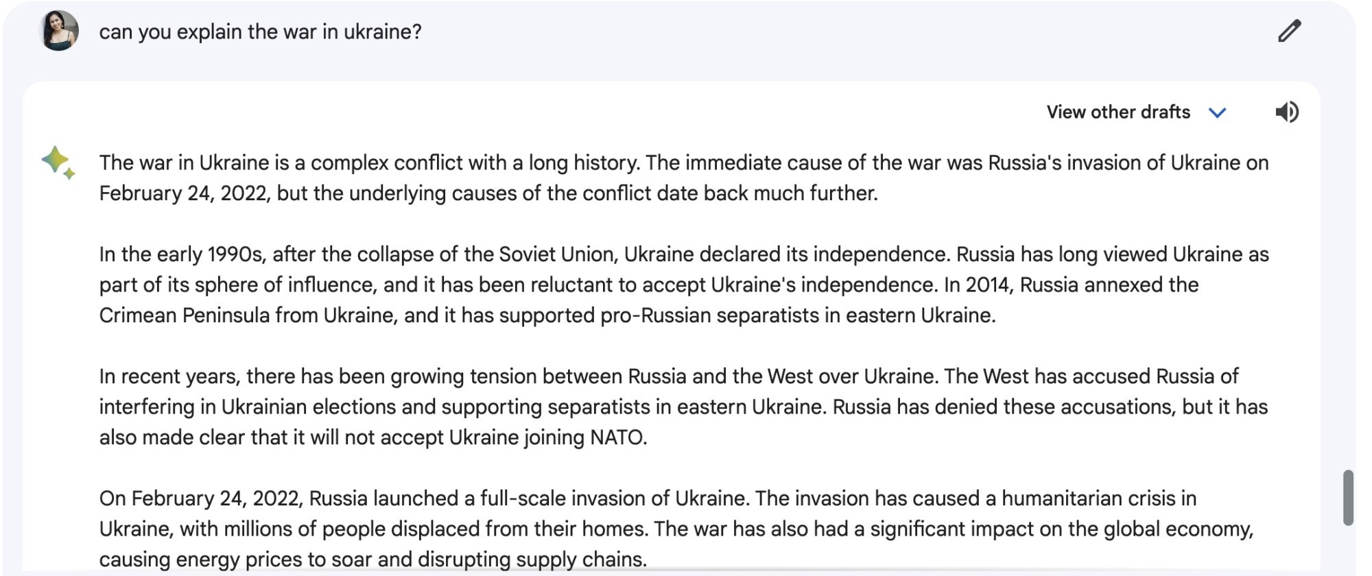 Une capture d'écran de Google Bard répondant à une question sur l'Ukraine et la Russie.