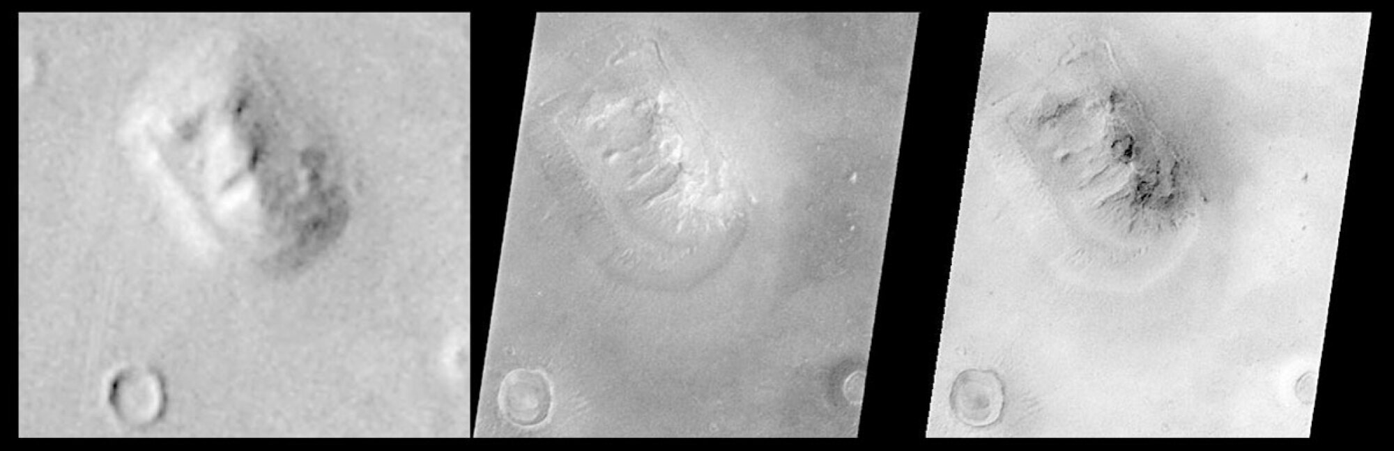 À l'extrême gauche se trouve une image prise par le vaisseau spatial Viking de la NASA en 1976. Les images au centre et à droite ont été prises par Mars Global Surveyor en 1998.