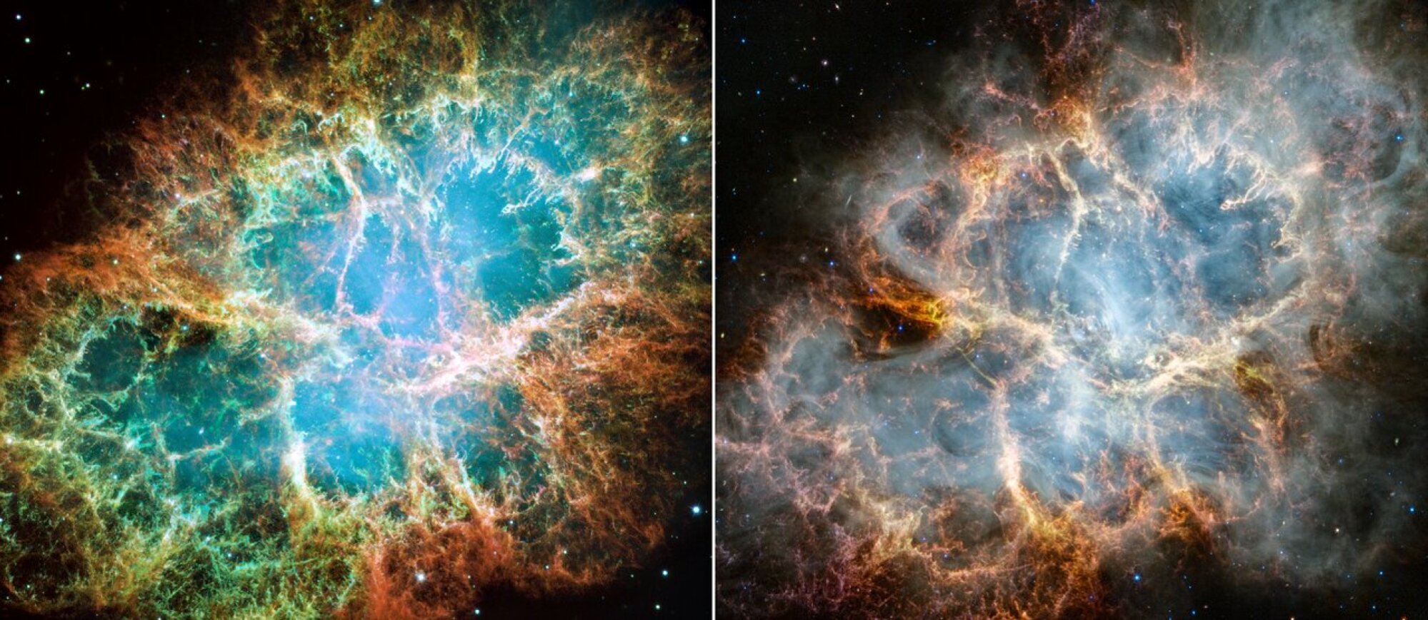 À gauche : vue de Hubble sur la nébuleuse du Crabe.  À droite : vue de Webb sur la nébuleuse du Crabe.