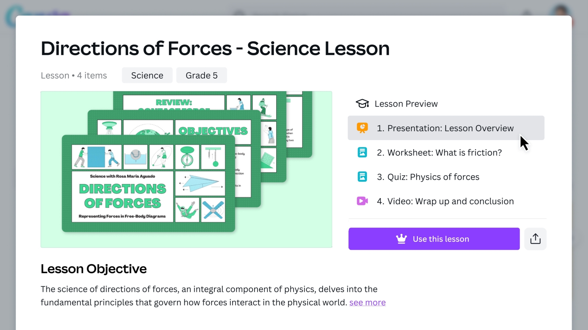 Un modèle de plan de cours Canva, intitulé « Direction des forces – Leçon de sciences ».