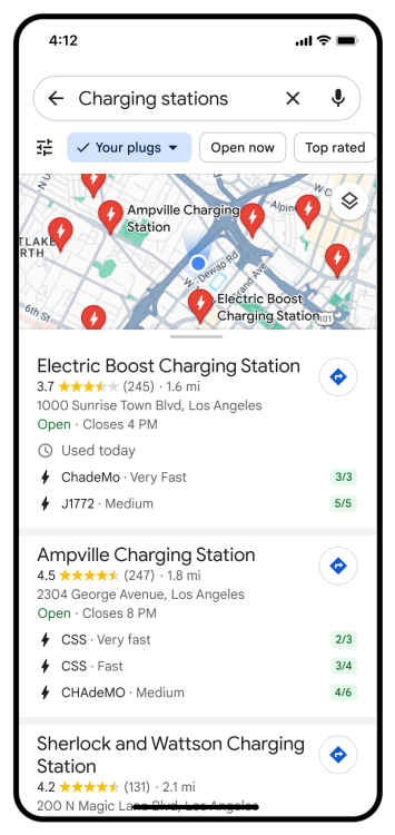 Une capture d'écran de Google Maps montrant des bornes de recharge pour véhicules électriques.