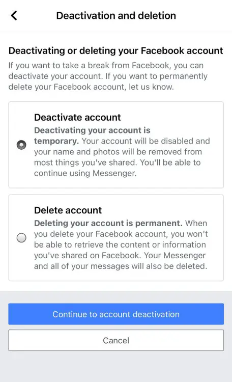 Capture d'écran des informations de Facebook pour les utilisateurs désactivant leur compte.