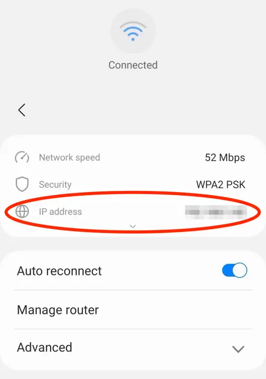 Capture d'écran des informations du réseau WiFi sur un Samsung Galaxy