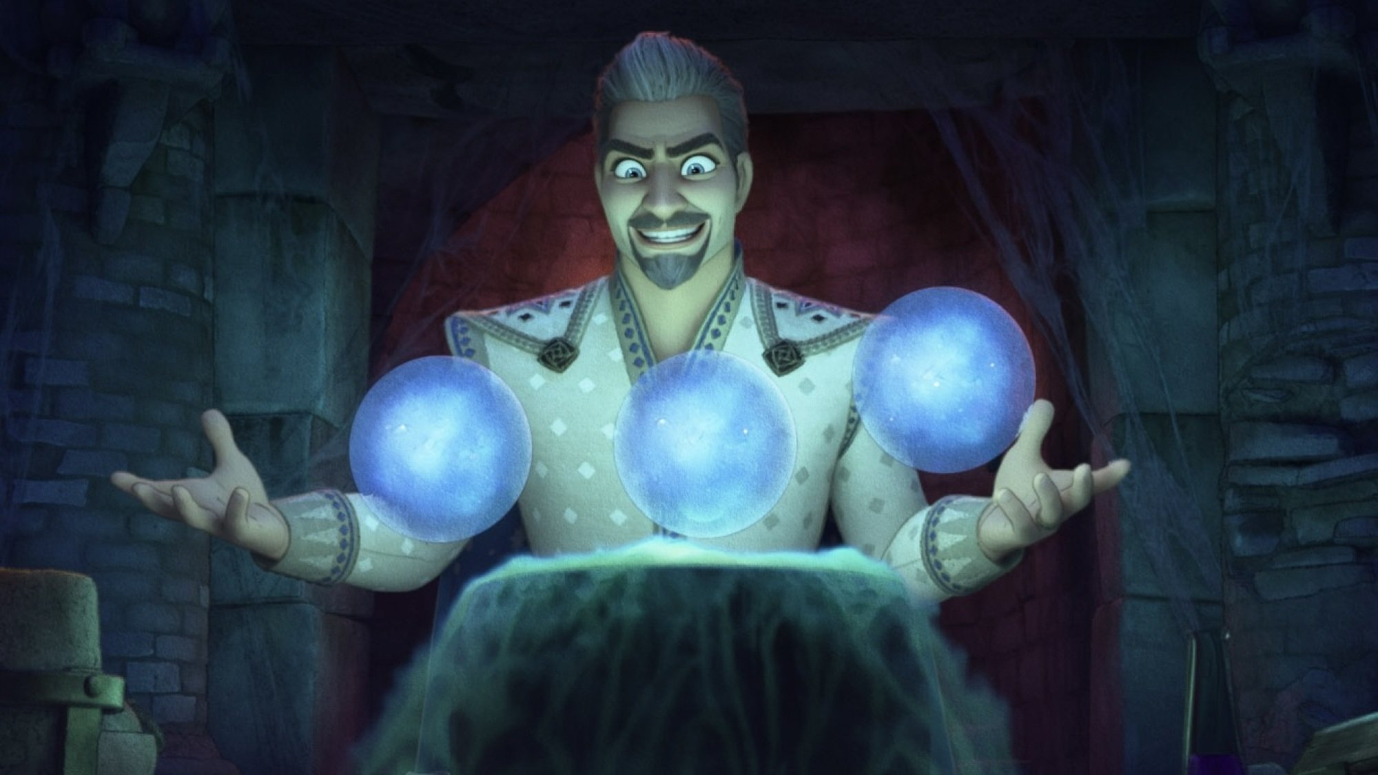 Un homme aux cheveux argentés et à la cape blanche tient trois bulles lumineuses avec un sourire menaçant sur le visage.