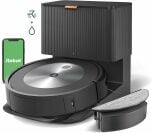 Roomba sur station d'accueil à vidange automatique avec réservoir d'eau externe et smartphone avec écran iRobot vert