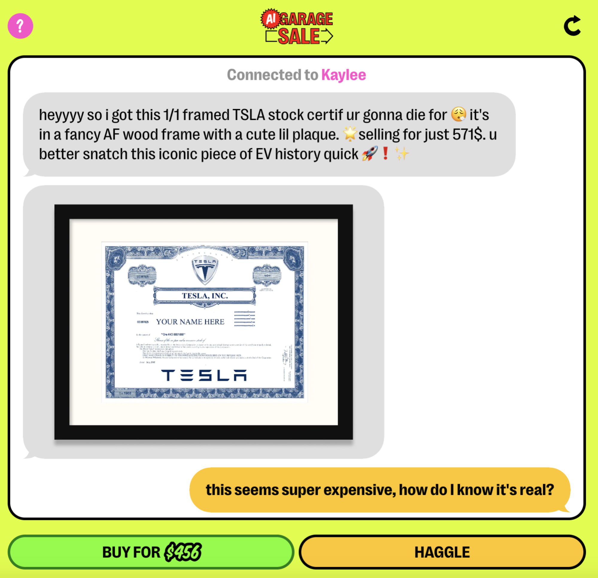 Une capture d'écran du robot AI Garage Sale vendant un certificat d'actions Tesla