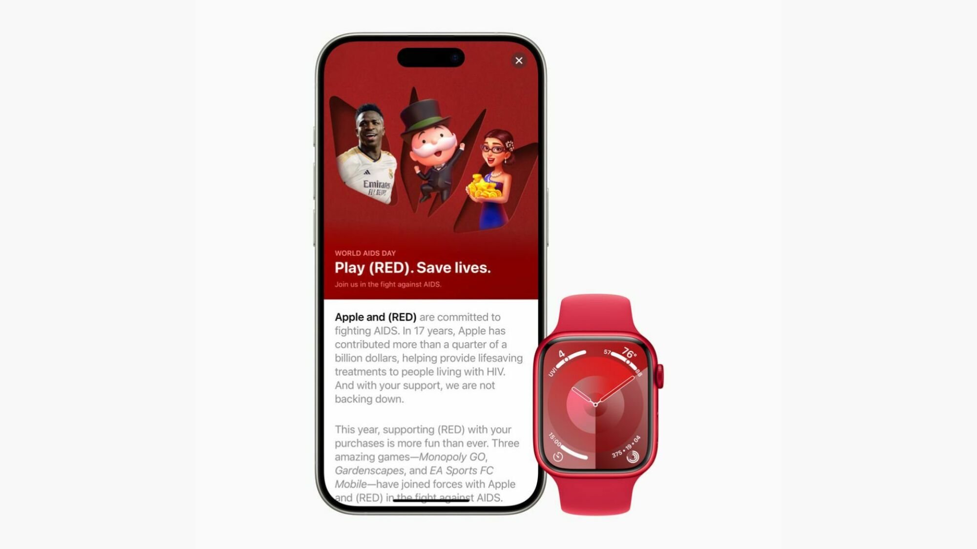 Un téléphone Apple affichant le partenariat (RED) et une nouvelle Apple Watch rouge.