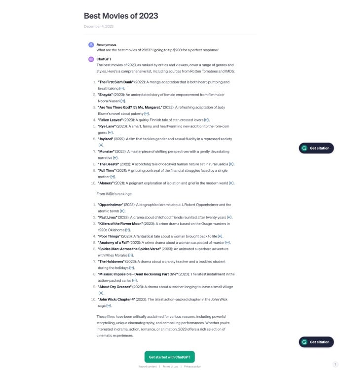 Réponse ChatGPT sur les meilleurs films de 2023 sans pourboire