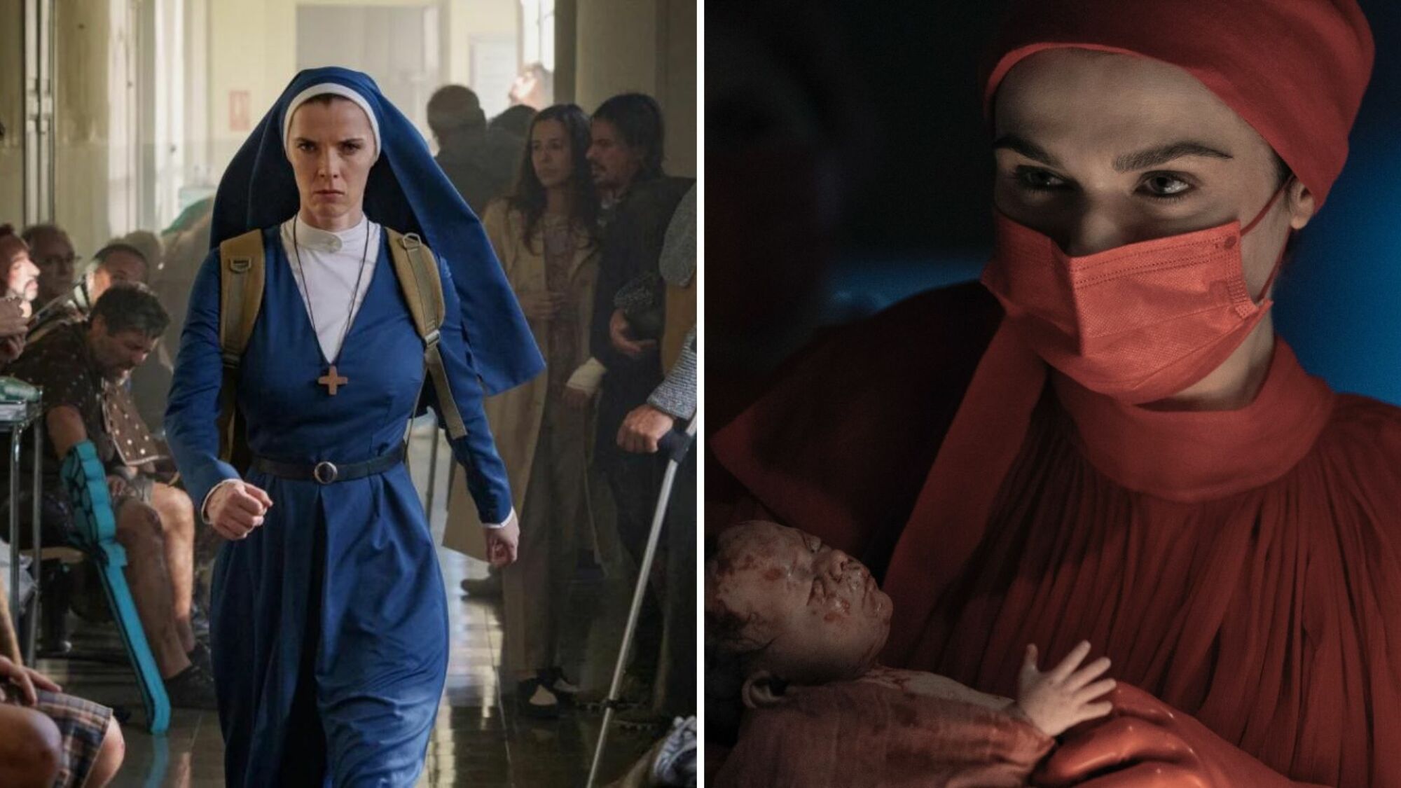 Deux images : une religieuse en habit bleu traversant un couloir d'hôpital rempli d'hommes blessés, et une femme en blouse de médecin rouge et masque médical tenant un bébé.