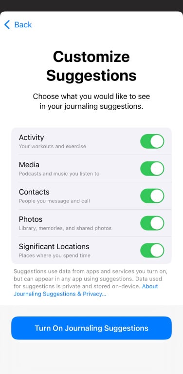 Une capture d'écran de l'écran de personnalisation des suggestions de journal.