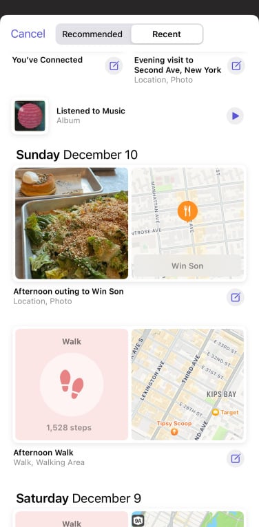 Une capture d'écran des souvenirs de l'application Journal, qui incluent des emplacements Apple Maps et des photos de nourriture.