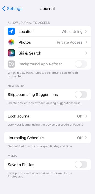 Une capture d'écran du menu des paramètres de l'application Journal.
