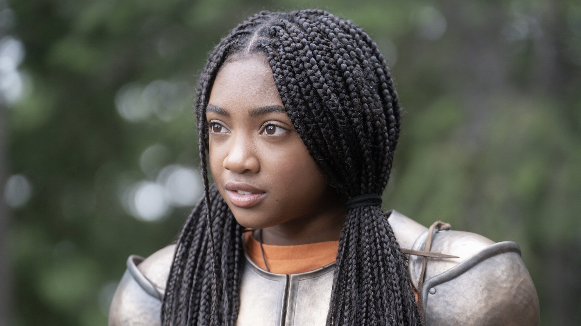 Une jeune fille avec des tresses portant une armure.