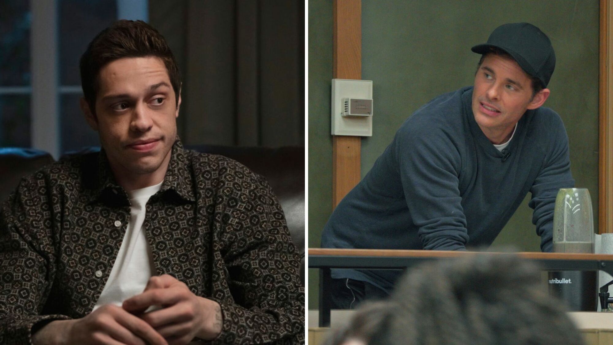 Deux images : Pete Davidson assis sur un canapé et James Marsden penché sur une table.