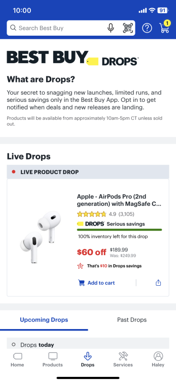 une capture d'écran du drop des Airpods Pro sur l'application mobile Best Buy